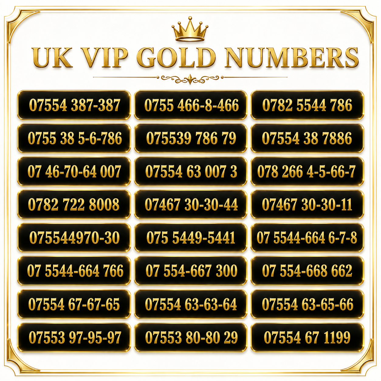 Lebara VIP gold mobile numbers UK with 786, 007, 07554499 repeating and memorable number patterns