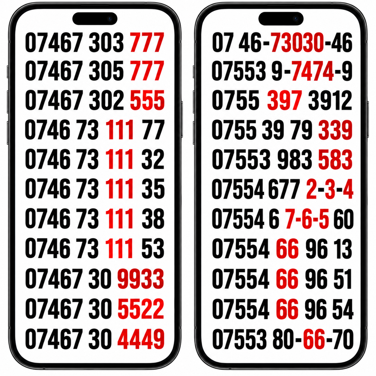 22 memorable Lebara UK mobile numbers displayed inside two phone frames, with repeating digits and number patterns highlighted in red.