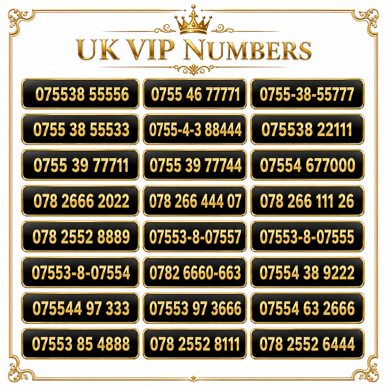 Lebara VIP mobile numbers UK with repeating 5555, 6666, 7777 and gold number patterns
