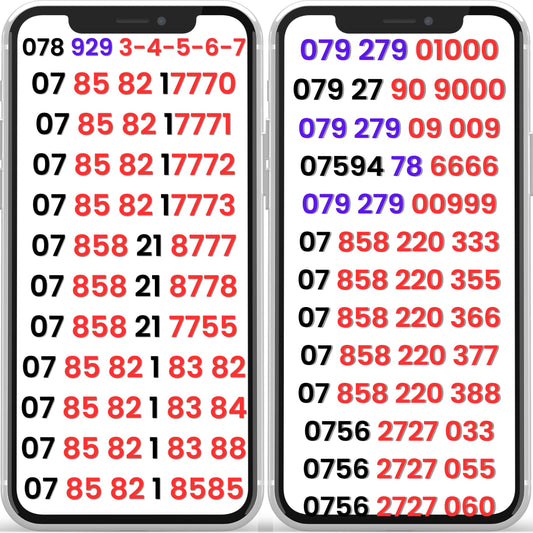 Two smartphones displaying UK VIP mobile numbers with repeating and sequence patterns for sale