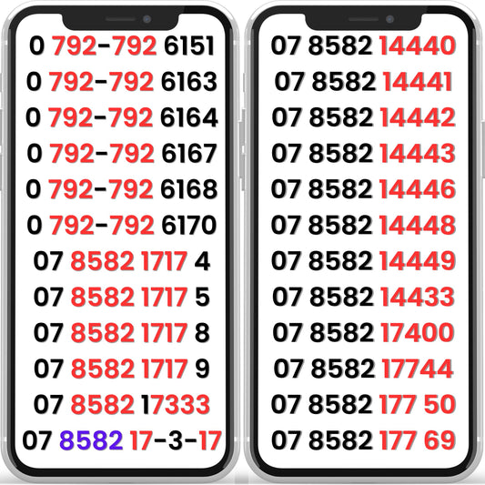 O2 UK gold numbers and VIP numbers shown on mobile screens with 792-792, 1444, 1717 and 177 patterns, choose your mobile number.