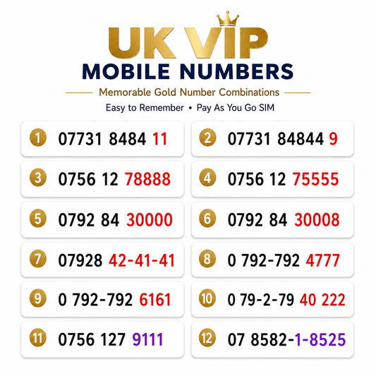 O2 UK VIP mobile numbers and gold numbers with memorable 78888, 75555, 30000, 4777 and 9111