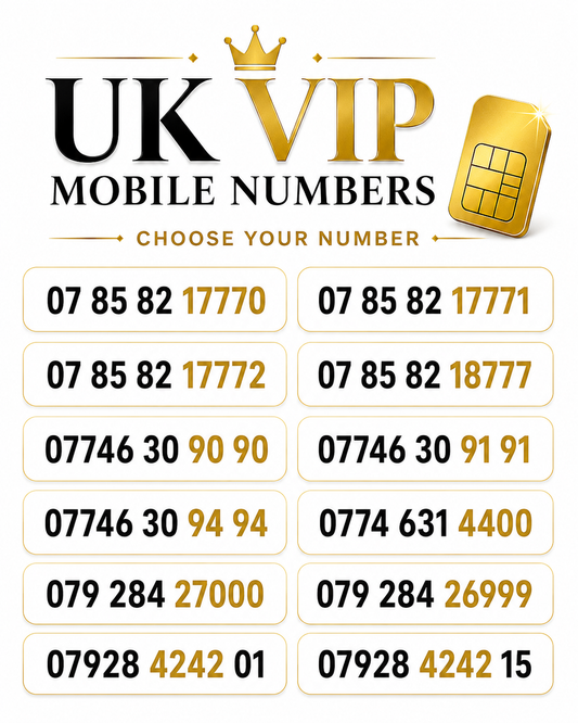O2 UK VIP numbers and gold numbers with 1777, 9090, 4400, 27000 and 4242 patterns
