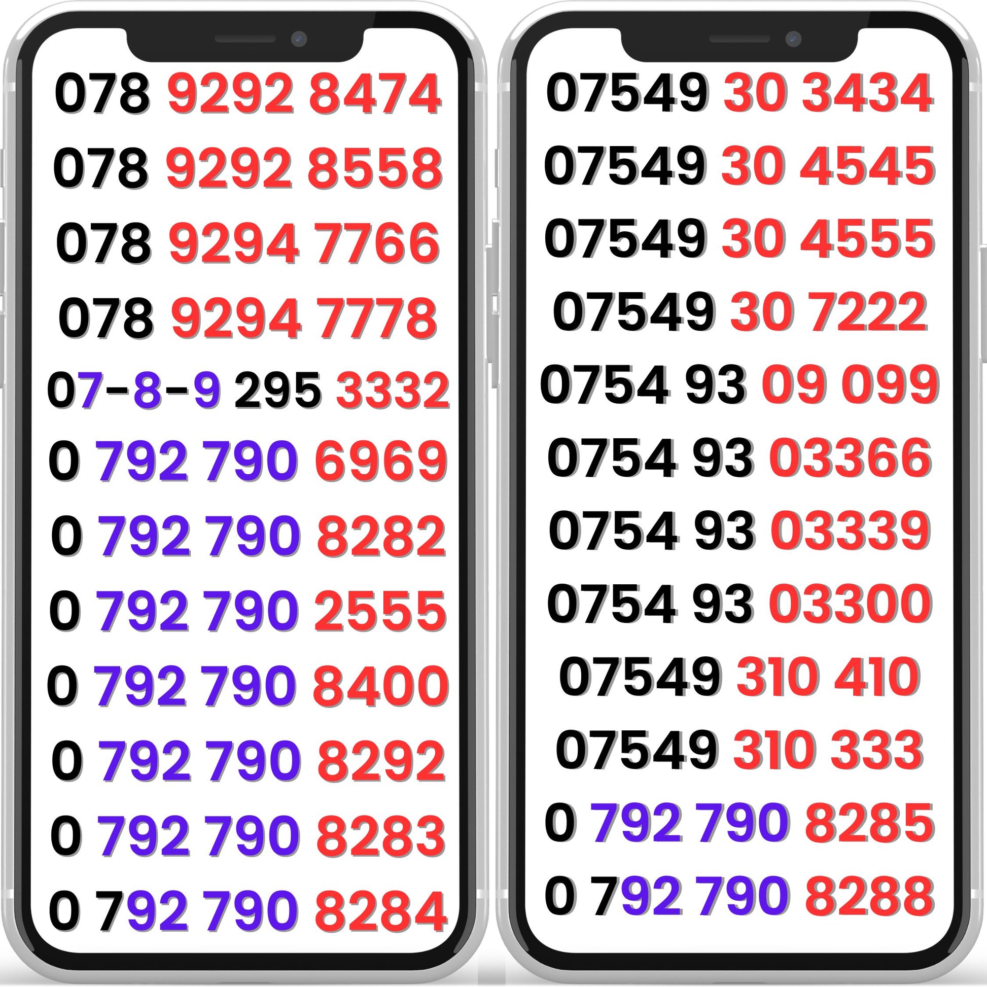 O2 VIP mobile numbers image showing a selection of easy to remember UK gold numbers with repeating patterns, double digits and stylish number combinations on two phone screens.