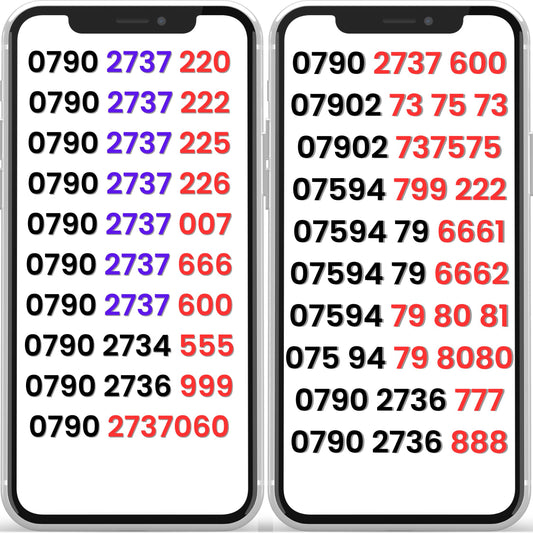 Two smartphones displaying a series of o2 vip numbers on their screens.