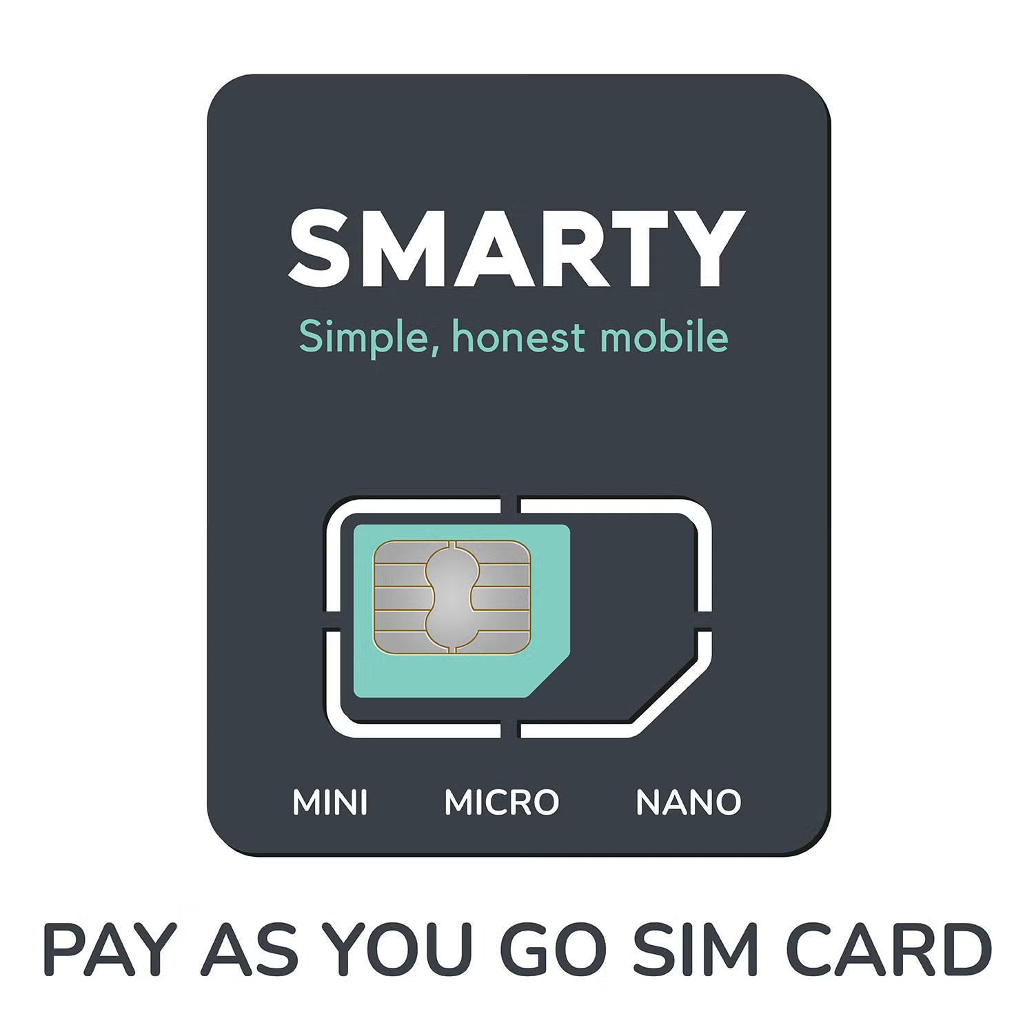 SMARTY UK Pay As You Go SIM card showing mini, micro and nano sizes on white background