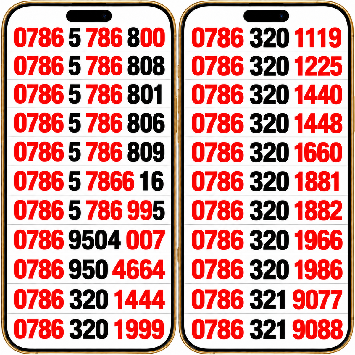 Three UK VIP mobile numbers in two large gold phone frames, with 0786 prefixes, repeated 786 patterns and memorable endings pay as you go sim cards