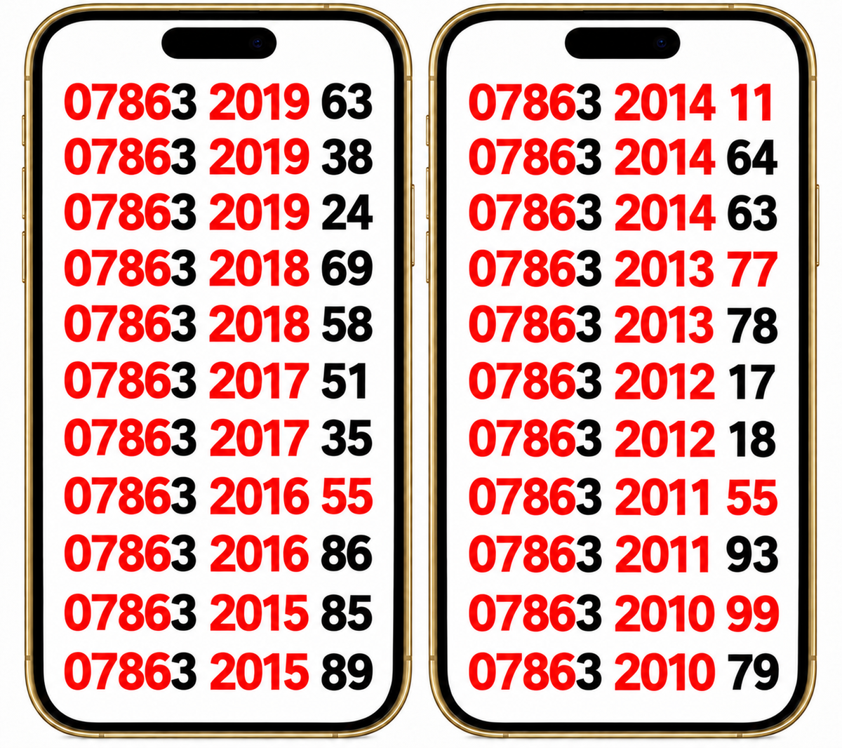 Three UK VIP mobile numbers in two gold phone frames, with 0786 prefixes, birth years from 2019 to 2010 and double-digit endings highlighted in red.