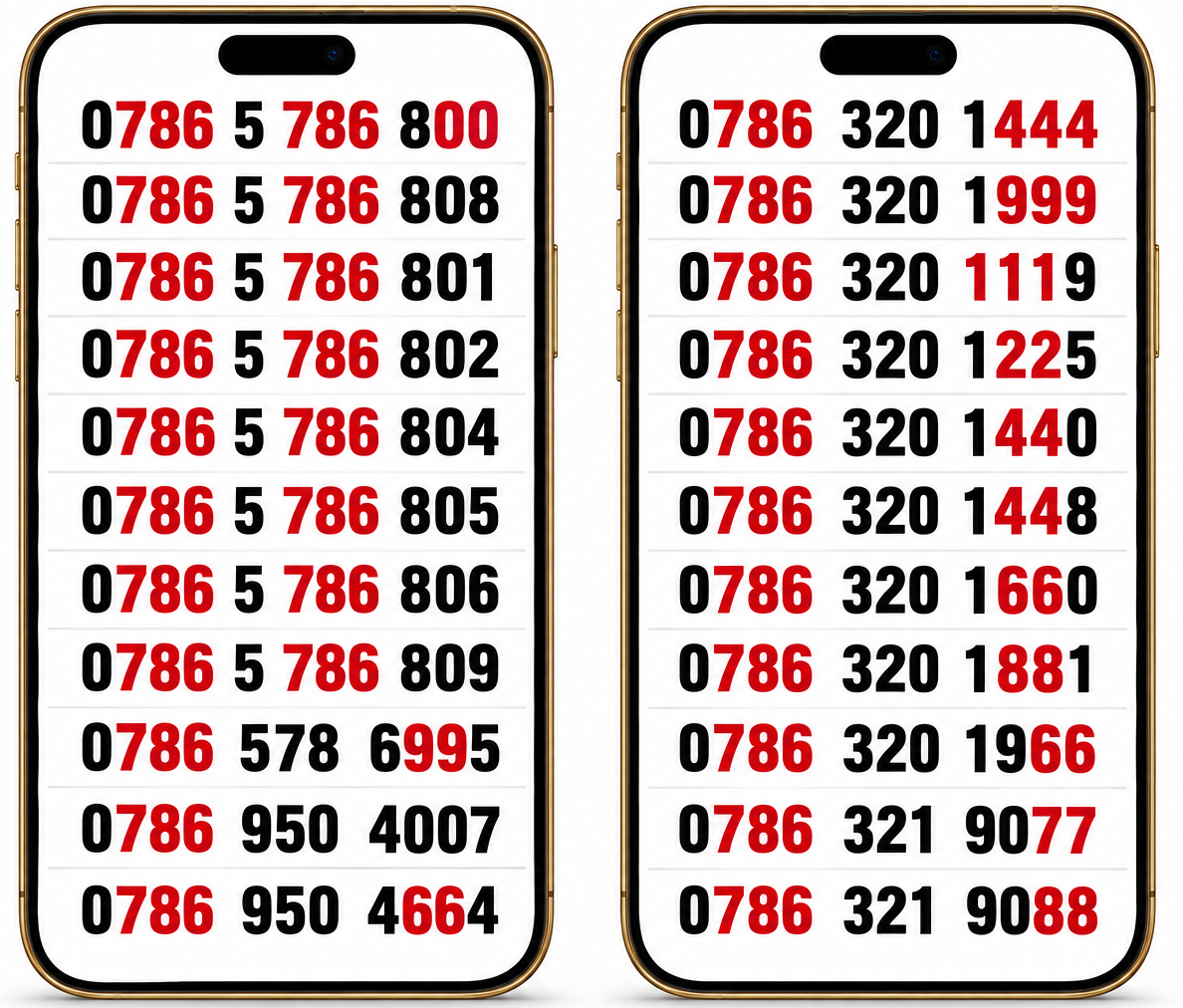 Three UK VIP mobile numbers displayed in two gold phone frames, with 786 patterns and repeated digits highlighted in red.