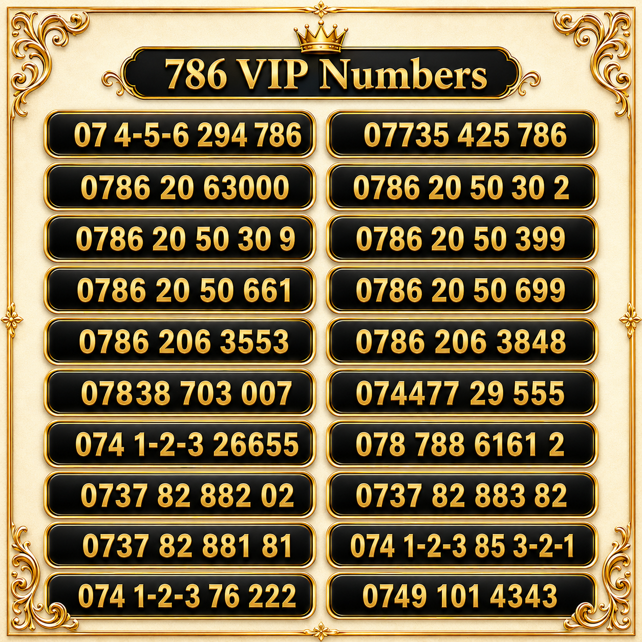 Three UK 786 VIP numbers and gold mobile number selection image with memorable patterns