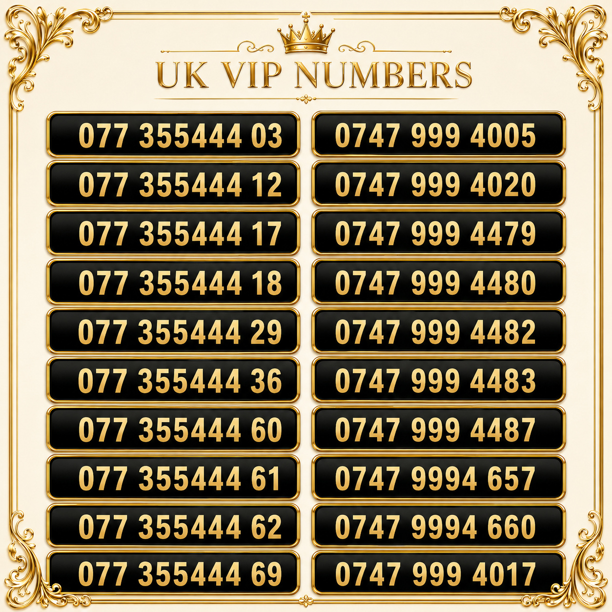 UK VIP Mobile Numbers & Gold Numbers – 999 & 077355444XX Pattern - Pay As You Go B4-3 by THREE – Buy VIP mobile numbers UK. Gold Numbers list. Three VIP Numbers UK – 077355444 Pay As You Go Mobile Gold Numbers