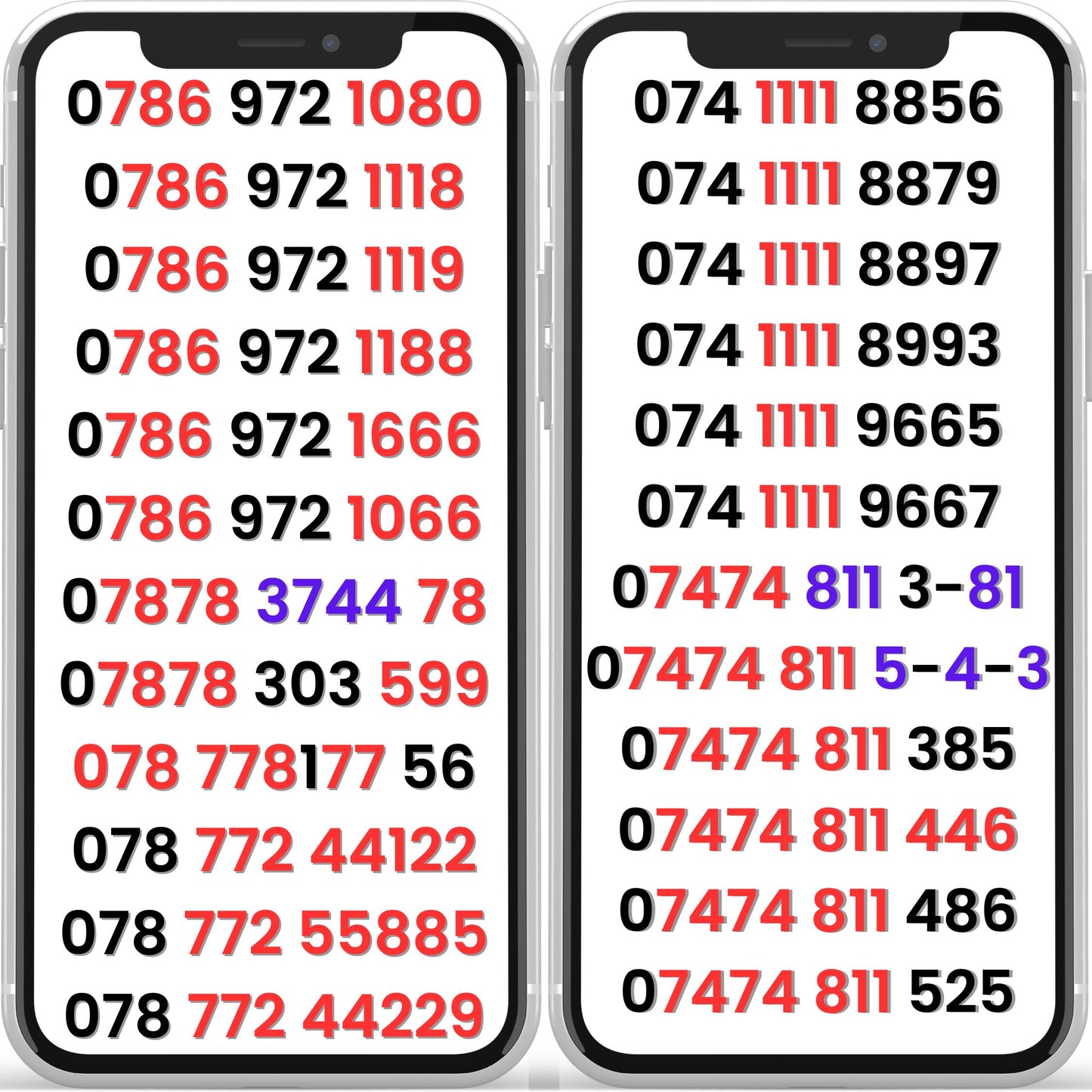 UK VIP mobile numbers list on SIM cards, featuring repeating patterns like 0741111, 0786, easy to remember gold numbers UK pay as you go SIMs