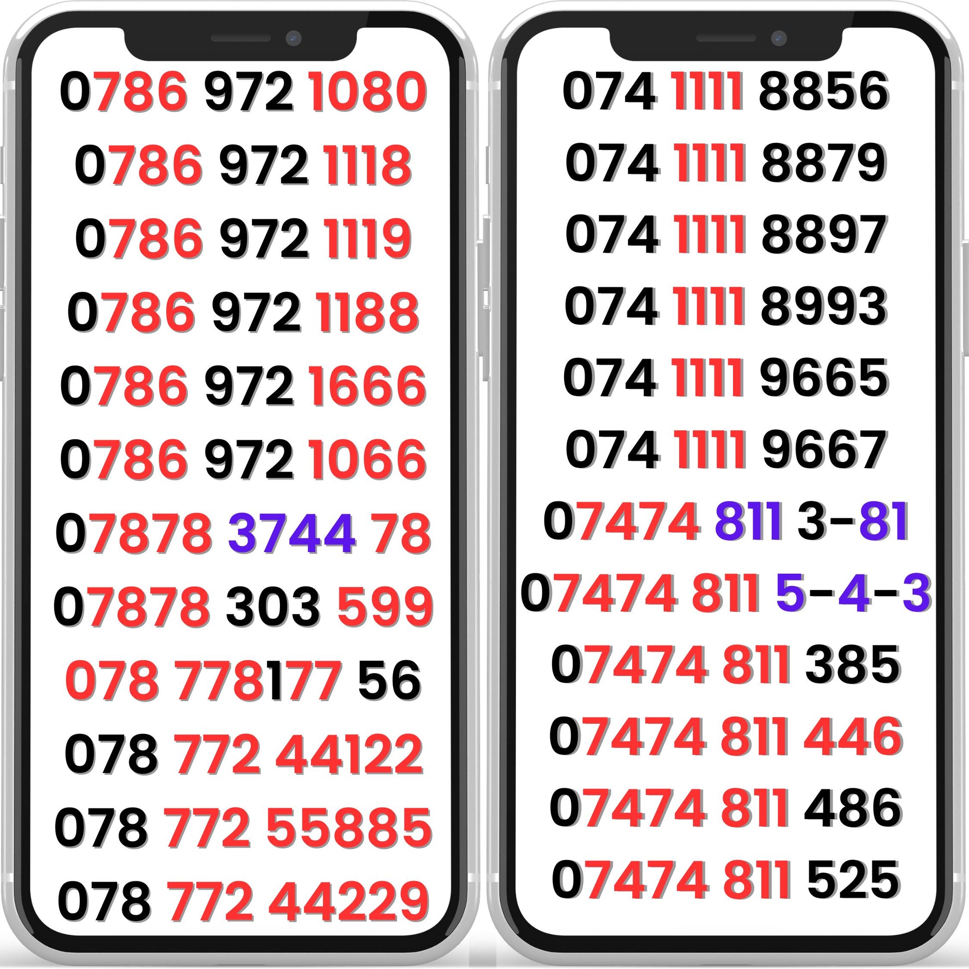 UK VIP mobile numbers list on SIM cards, featuring repeating patterns like 0741111, 0786, easy to remember gold numbers UK pay as you go SIMs