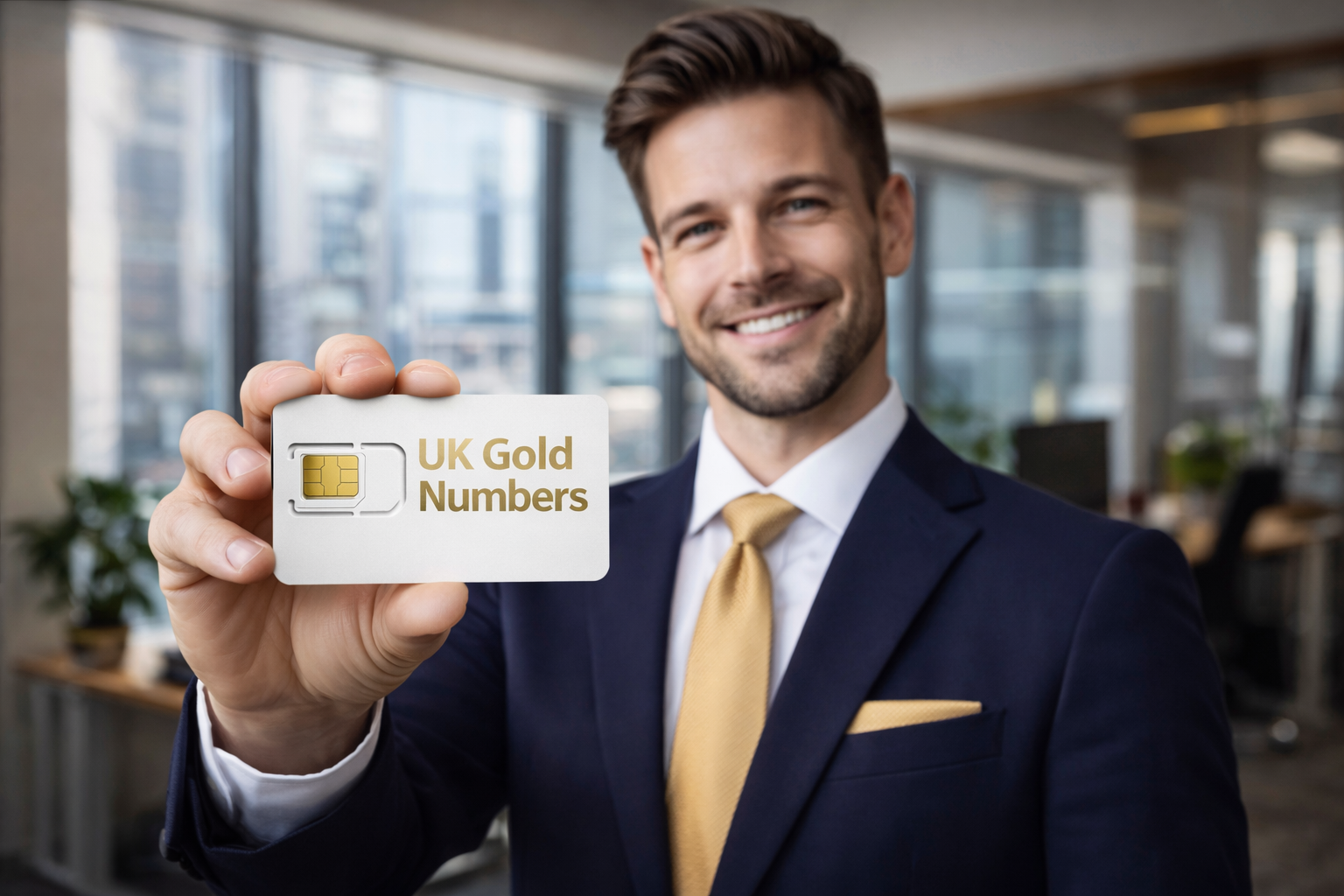 Businessman in office holding UK gold numbers SIM card with premium mobile number branding