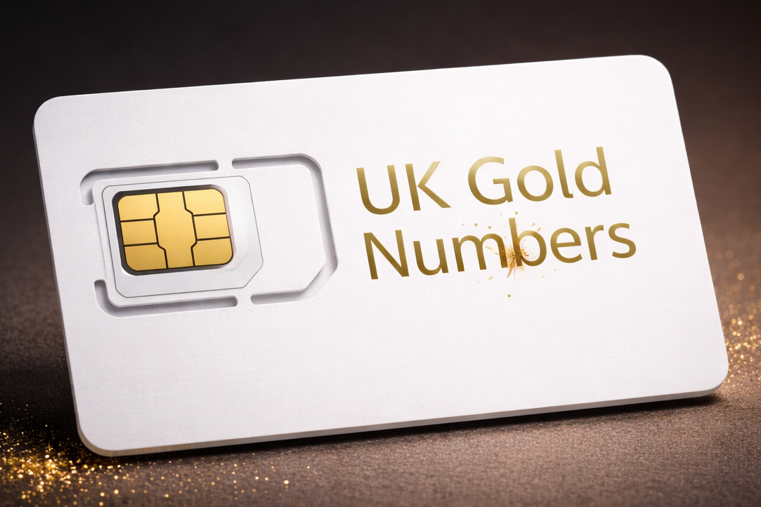 Premium UK gold mobile numbers SIM card on dark luxury background