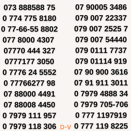 UK Gold VIP mobile numbers, easy to remember 888588, 007, and 0777177, memorable for business and personal use with 20% off and free delivery.