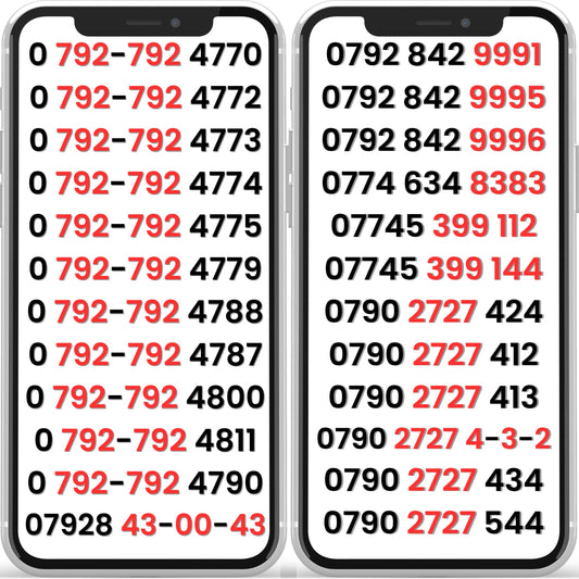 O2 UK gold numbers and VIP numbers shown on mobile screens with 792-792, 9991, 9995, 8383, 399, 2727 and 43-00-43 patterns for choose your number listing