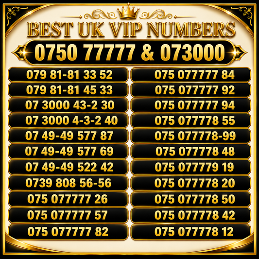 VIP Mobile Numbers – Lucky Numbers 0750 77777, 073000, Gold Numbers SIM Card A-E by EE – Buy VIP mobile numbers UK. Gold Numbers list. Buy EE VIP Mobile Numbers 074949, 073000 – Lucky Gold Numbers List
