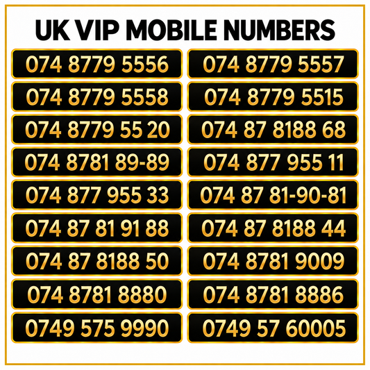 18 UK VIP mobile numbers featuring 555, 888 and 999 patterns, displayed in gold lettering on black panels.
