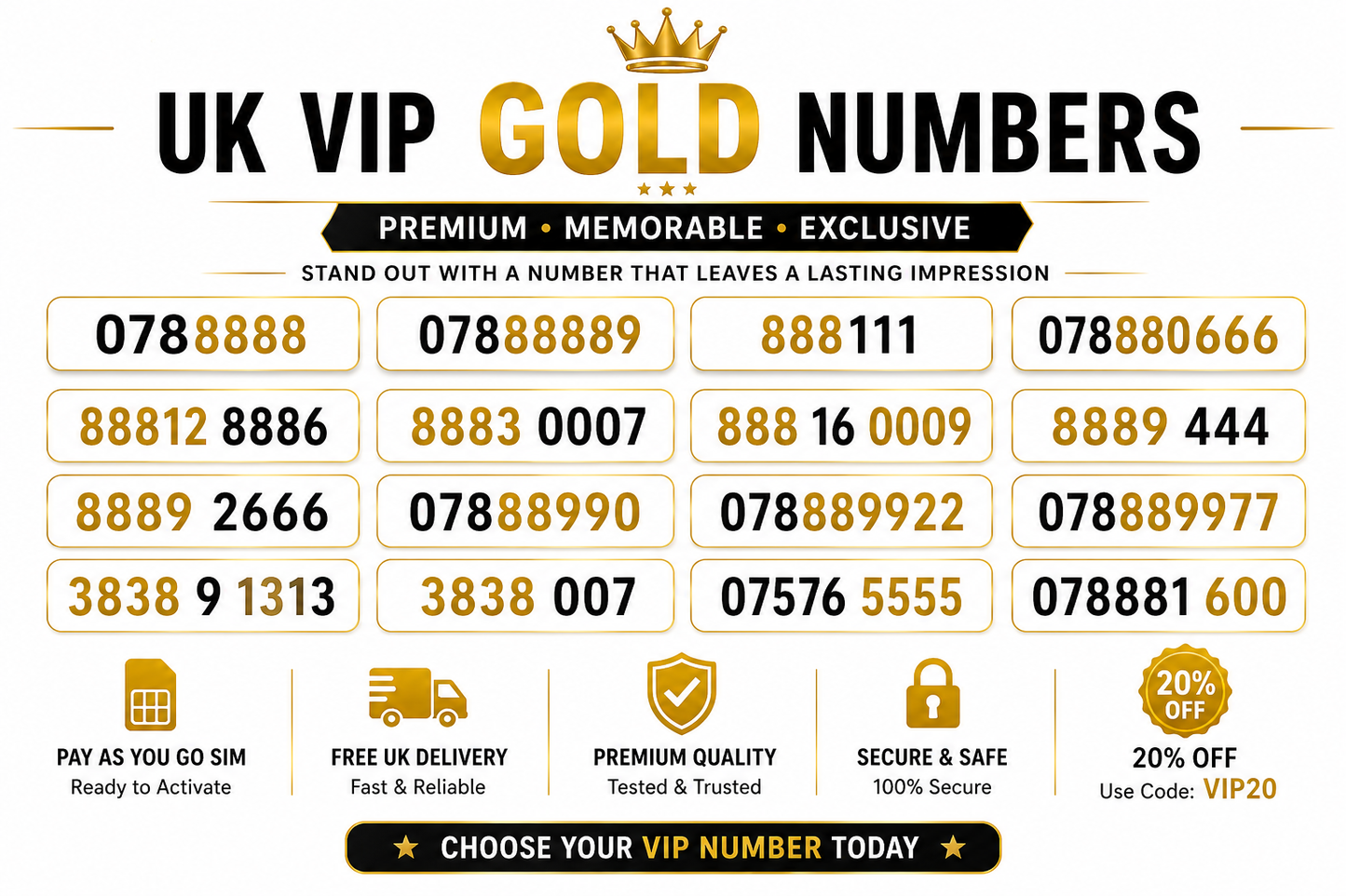 88888 UK Gold Numbers – VIP Mobile numbers for Sale. SMARTY – Buy VIP mobile numbers UK. 