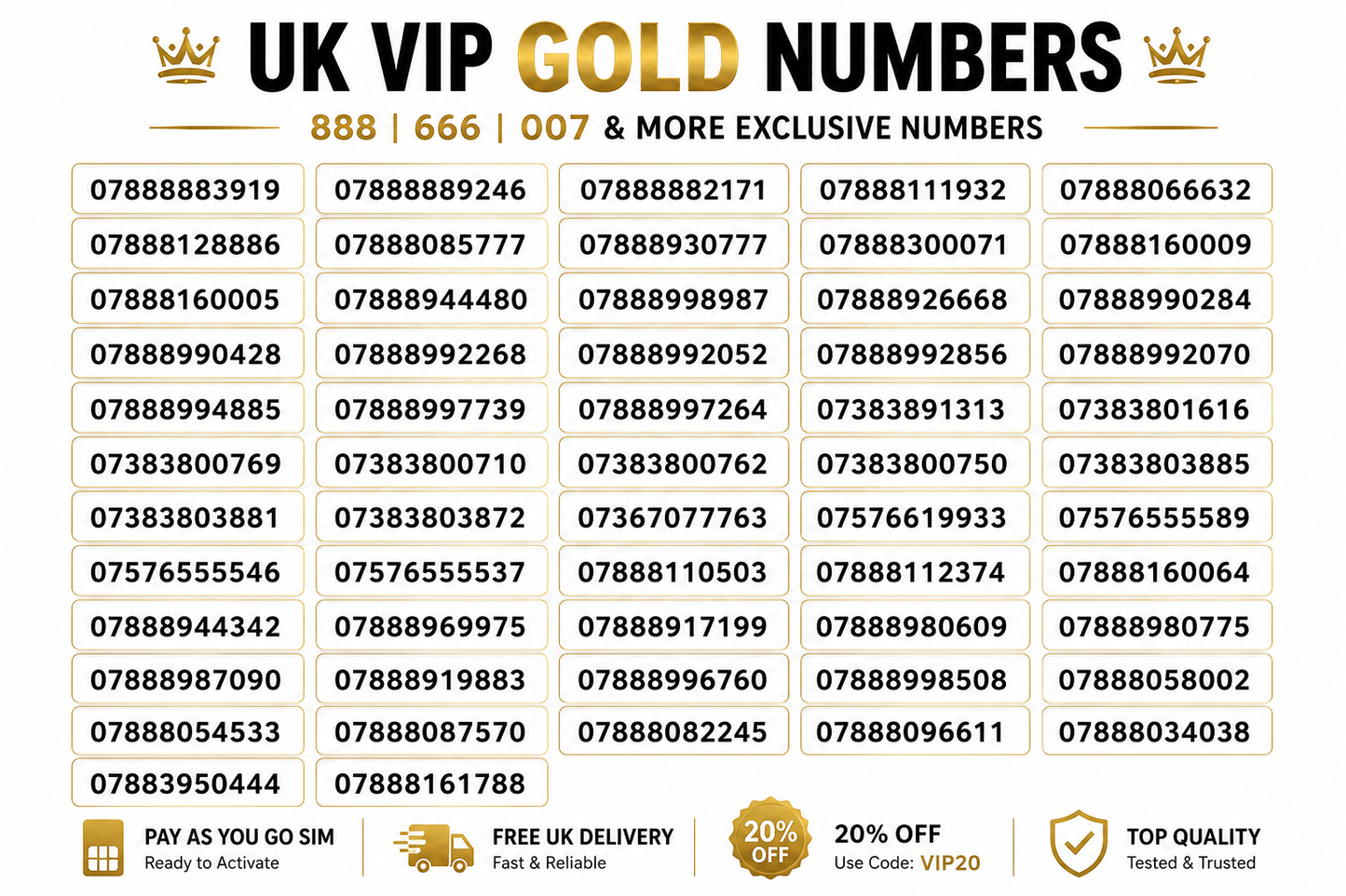88888 UK Gold Numbers – VIP Mobile numbers for Sale –  88888 - 666 - 007 - 5555 -VIP Numbers UK 