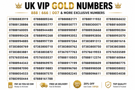 UK VIP gold mobile numbers 88888 - 666 007 patterns pay as you go SIM card white background