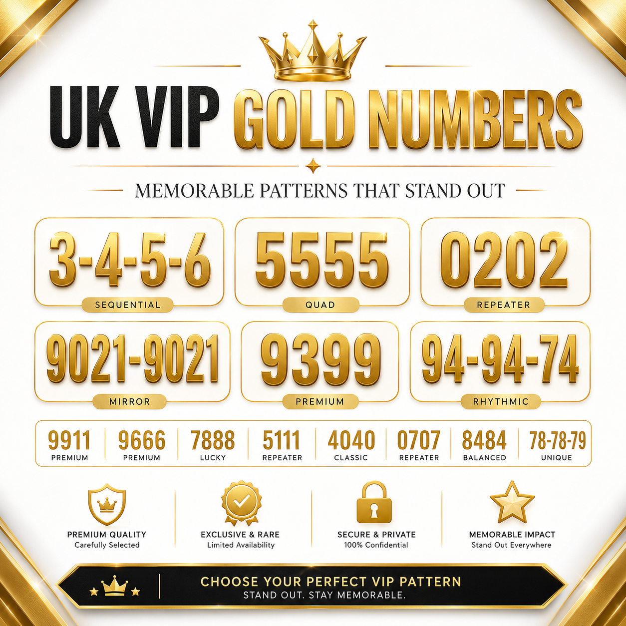UK VIP gold numbers poster showing 3-4-5-6, 5555, 0202, 9021-9021, 9399 and 94-94-74 patterns
