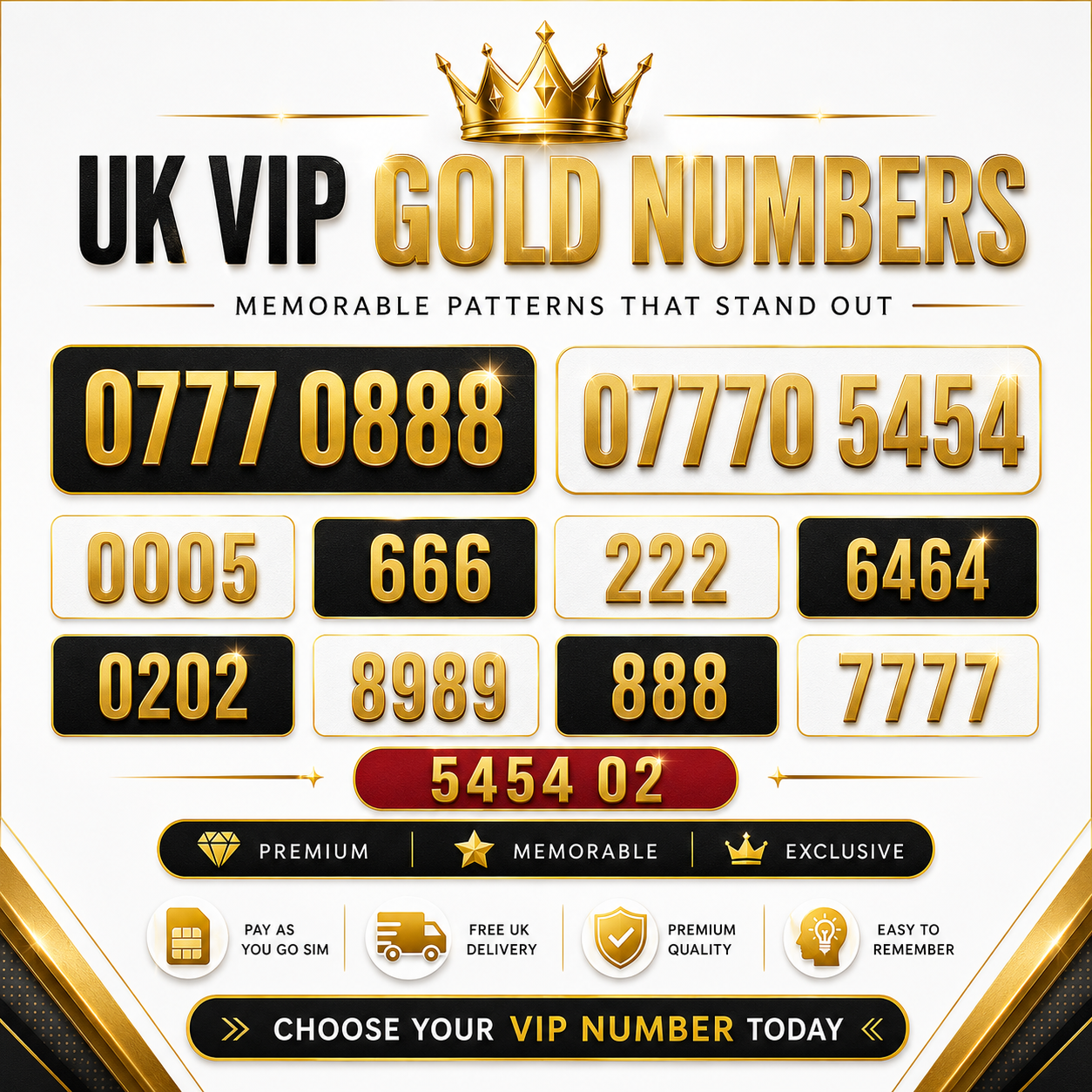 VIP Mobile Numbers UK  – 2221, 2333, 077711, SIM Card with Gold Mobile Number IRA-A&B-V by Vodafone – Buy VIP mobile numbers UK. Gold Numbers list. UK Vodafone VIP Mobile Numbers – 0777 0888 Easy Pay&Go Gold Numbers