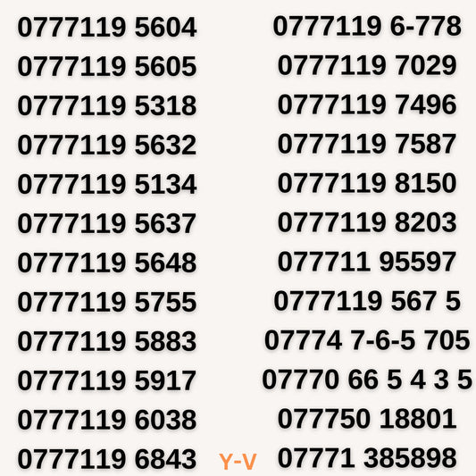 Buy UK 0777119 VIP mobile numbers, easy to remember, memorable gold numbers, premium numbers for sale with 20% off and free delivery.