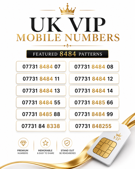 UK VIP mobile numbers image with 8484 gold number patterns, choose your number, premium VIP numbers and memorable UK gold numbers on white background