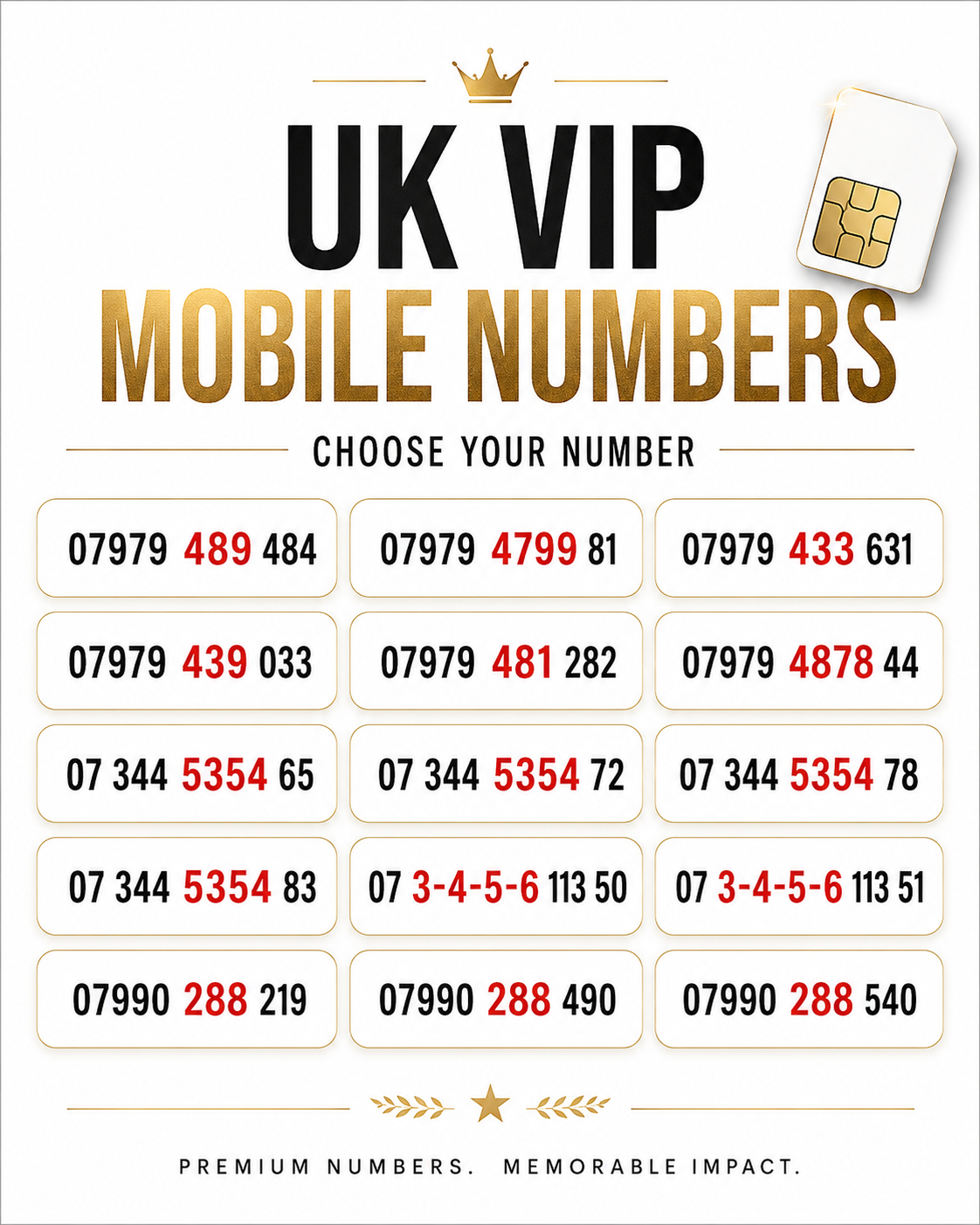 07979 VIP Numbers UK Gold Numbers - Choose Your Number Today A3-L by Lebara – Buy VIP mobile numbers UK. Gold Numbers list. Lebara VIP Numbers UK Gold Numbers Easy to Remember 07979 & 3-4-5-6