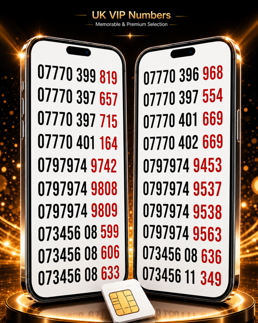 UK VIP numbers and gold numbers image showing memorable mobile numbers including 07770, 0797974 and 073456 patterns on two smartphones