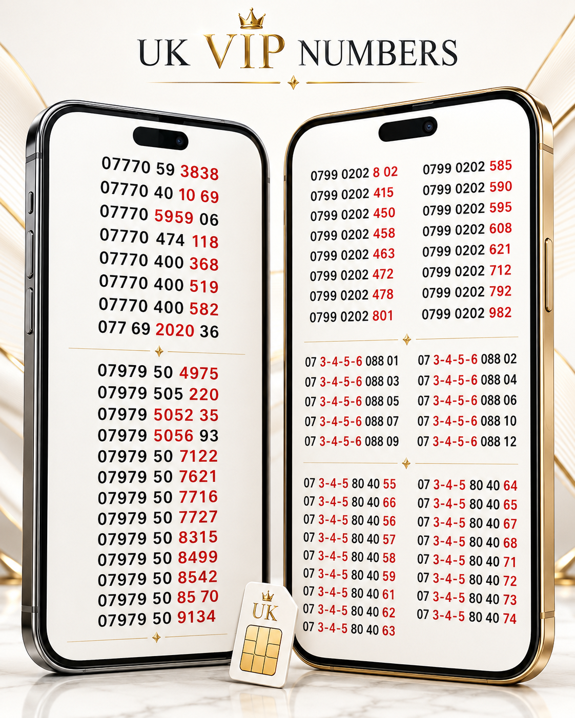 UK VIP Mobile Numbers – 07770 ,07979, 07 3-4-5-6 & More. Gold Numbers for Sale U-L by LEBARA – Buy VIP mobile numbers UK. Gold Numbers list. UK Lebara VIP Mobile Numbers – 07770,3-4-5-6, 07979 Gold Numbers UK