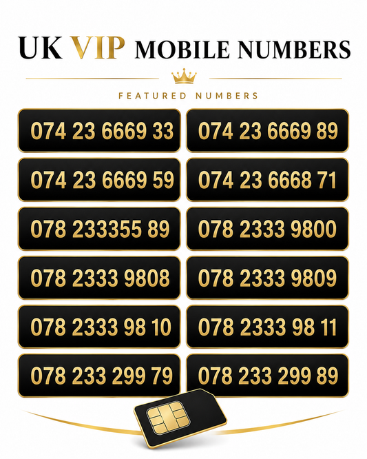 Vodafone gold numbers and UK VIP numbers image with choose your number, premium mobile numbers, 6669, 2333, 9800 and 299 patterns on white background