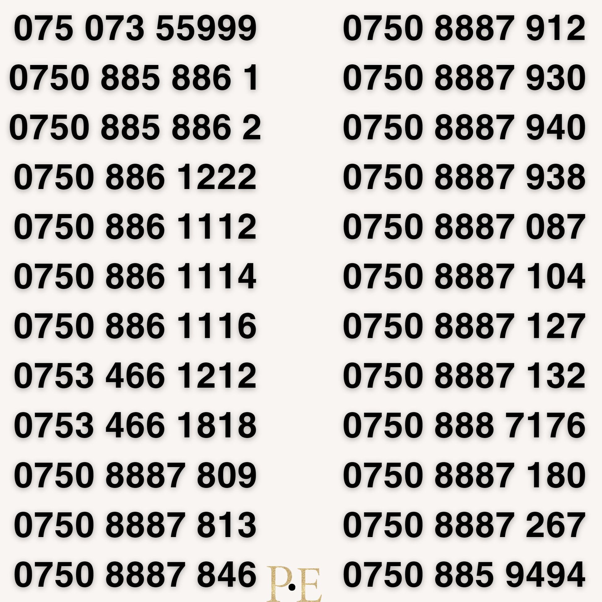 UK VIP Phone Numbers – 1112, 8887 Mobile Gold Numbers for Sale P-E by EE – Buy VIP mobile numbers UK. Gold Numbers list. Gold EE Mobile Numbers for Sale – Choose Your Number Now