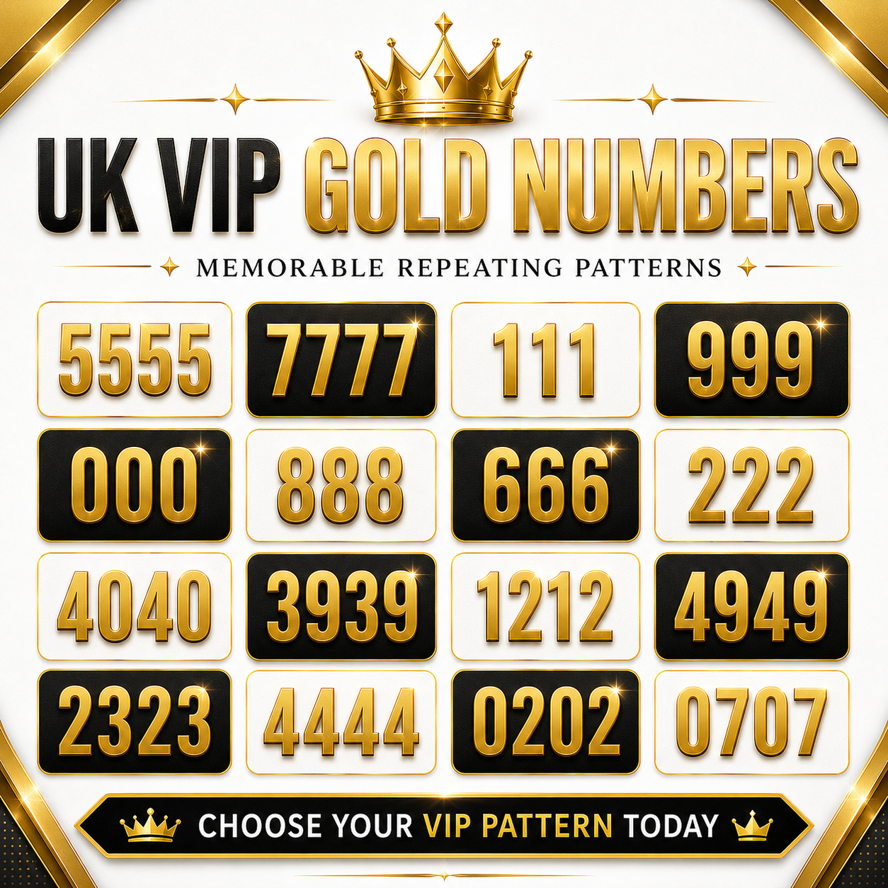 UK VIP gold numbers graphic showing repeating patterns like 5555, 7777, 111, 999, 000, 888 and 4040