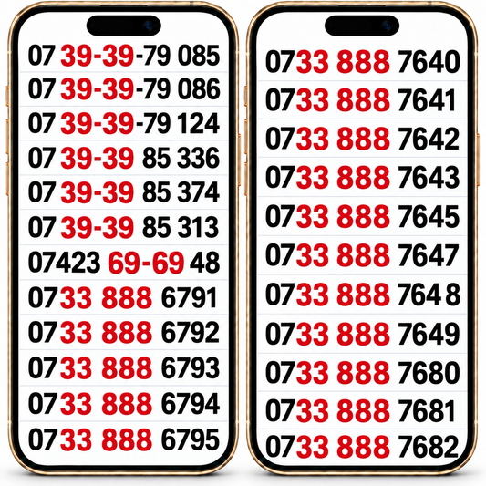 Two smartphone screens displaying rows of vip mobile numbers in black and red on a white background.
