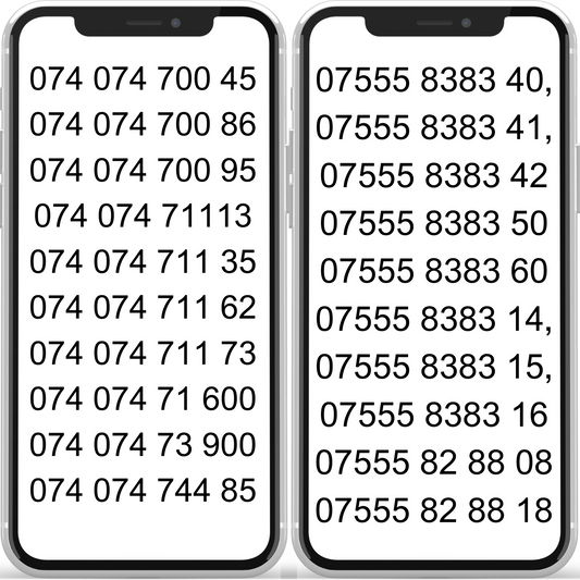 VIP mobile numbers 074 074 and 07555 8383 series, including  0777 5010 948, 07776617 908, and more for sale with free UK delivery. Easy-to-remember Gold numbers.