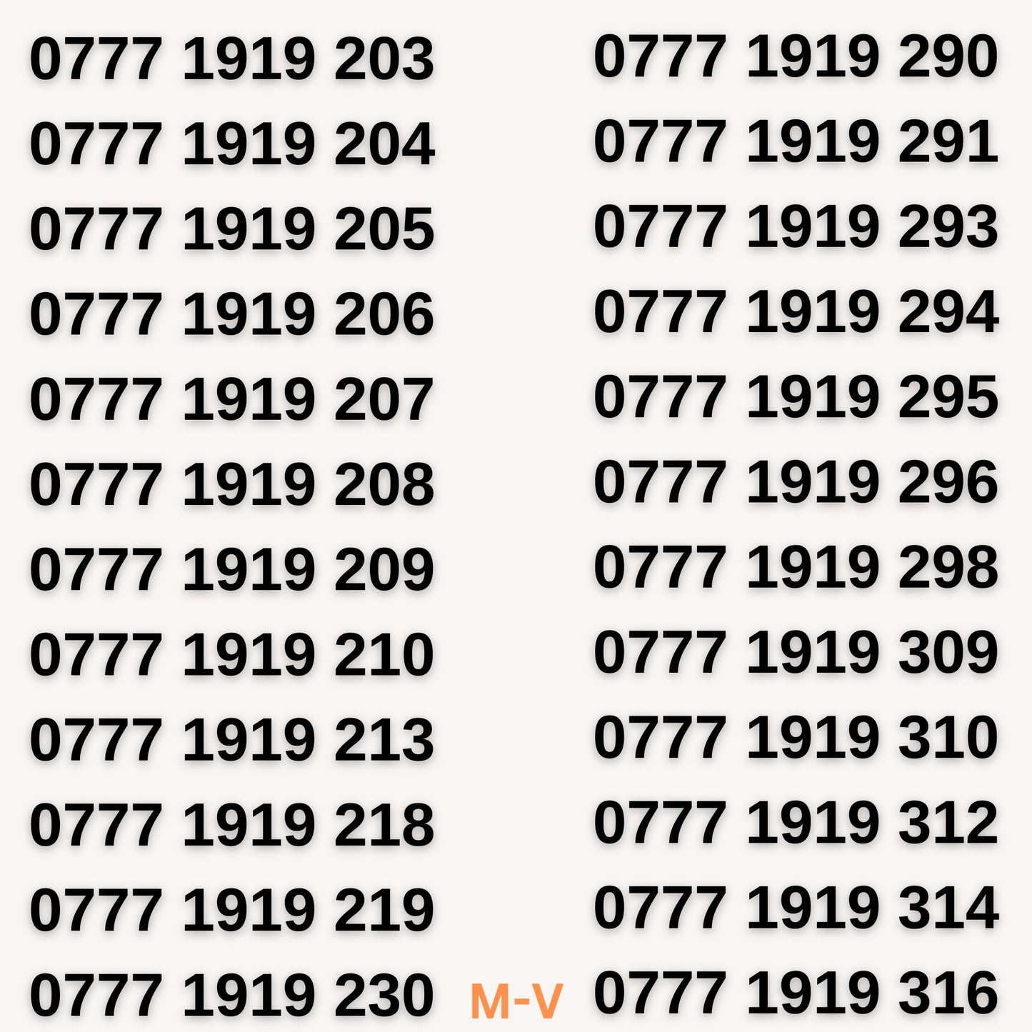 VIP mobile numbers in the 0777 1919 series, including 0777 1919 203, 0777 1919 204, 0777 1919 290, and more for sale with free UK delivery.