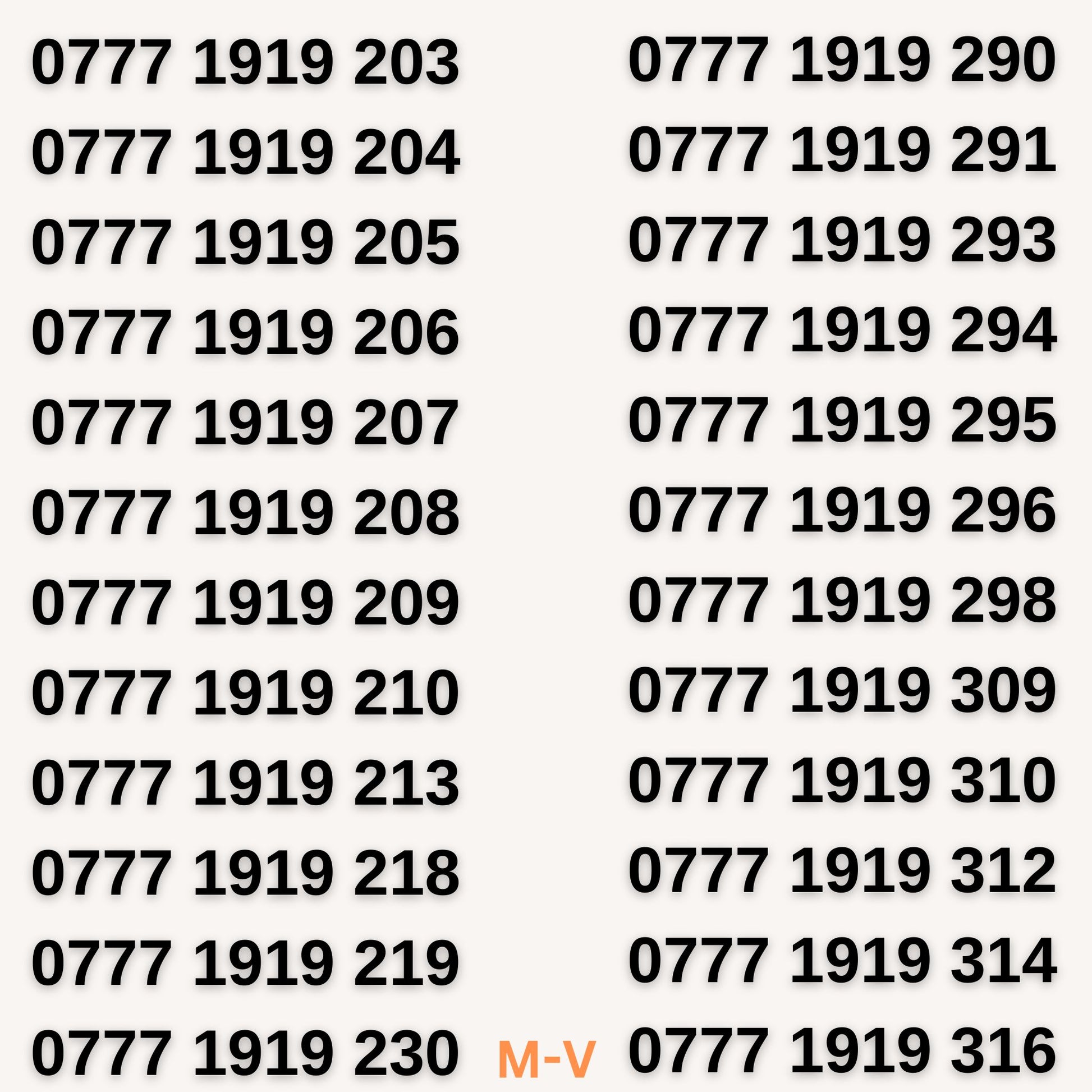 VIP mobile numbers in the 0777 1919 series, including 0777 1919 203, 0777 1919 204, 0777 1919 290, and more for sale with free UK delivery.