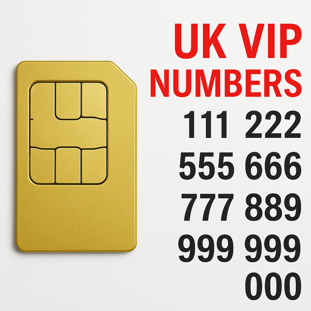 Gold SIM card with UK VIP numbers displayed on a white background