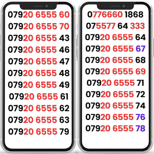 Two smartphone screens displaying sequences of numbers. VIP numbers & gold numbers list