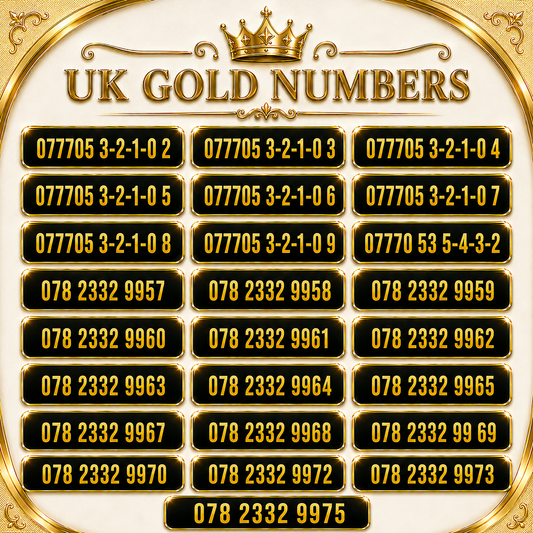 Vodafone UK VIP gold numbers image with 3210, 5432 and 2332 and 07770 number patterns