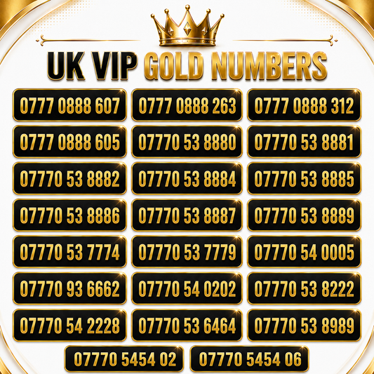 Vodafone UK VIP gold numbers poster showing premium numbers including 0777 0888 607, 07770 53 8880, 07770 54 0005, 07770 54 0202 and 07770 5454 02
