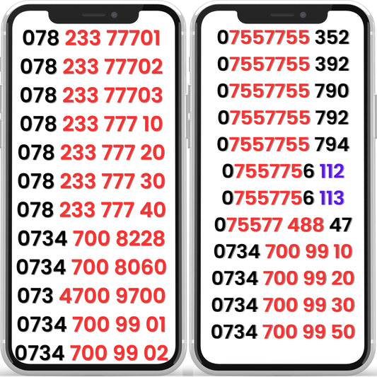 UK Vodafone VIP mobile numbers (gold numbers) displayed on smartphones, premium pay-as-you-go SIM numbers for sale, memorable and easy-to-remember number patterns.