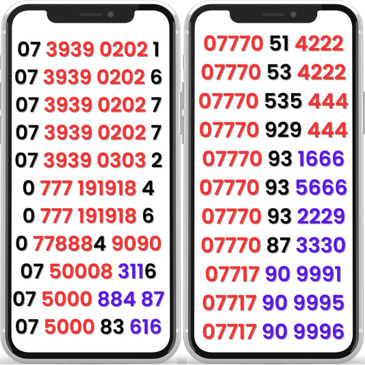 Vodafone UK VIP mobile numbers list displayed on two smartphone screens, showing gold numbers with repeating and memorable patterns.