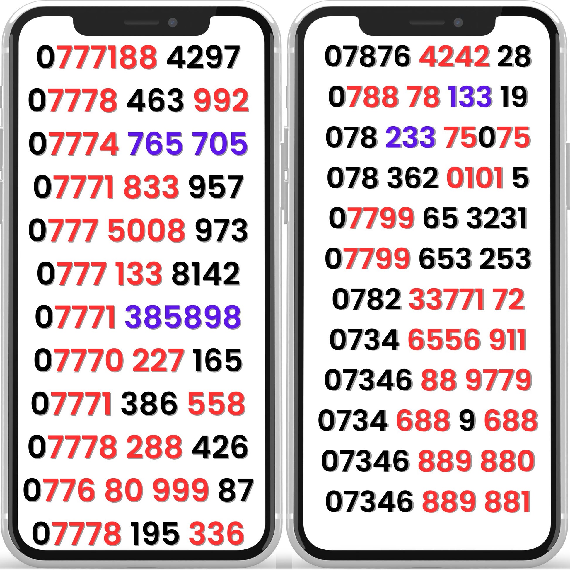 Dual smartphone mockups showcasing exclusive UK Vodafone gold mobile numbers, featuring repeating and patterned digit combinations available on pay-as-you-go SIM cards.