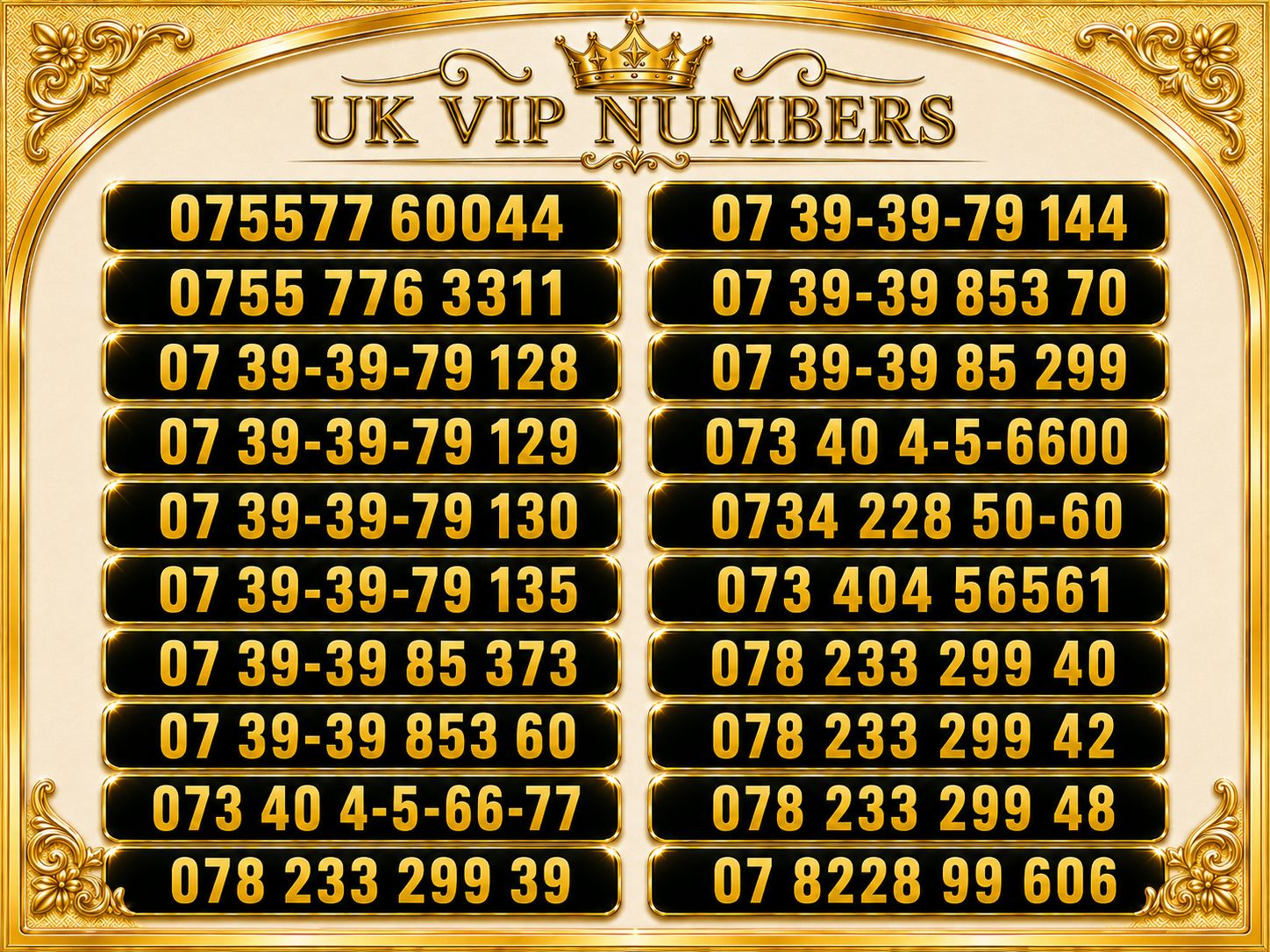 Choose Your UK VIP Number – Premium Gold Numbers Easy to Remember for Sale E-V by Vodafone – Buy VIP mobile numbers UK. Gold Numbers list. Vodafone VIP Mobile Numbers & Gold Numbers UK | Easy to Remember