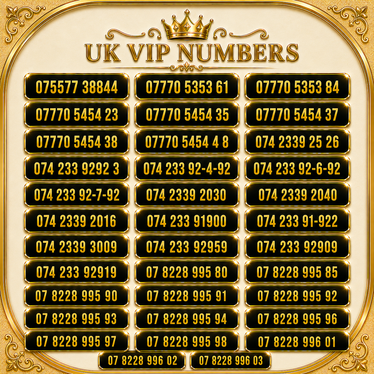 Vodafone gold numbers UK selection with premium 07770, 074 and 07822 memorable VIP numbers
