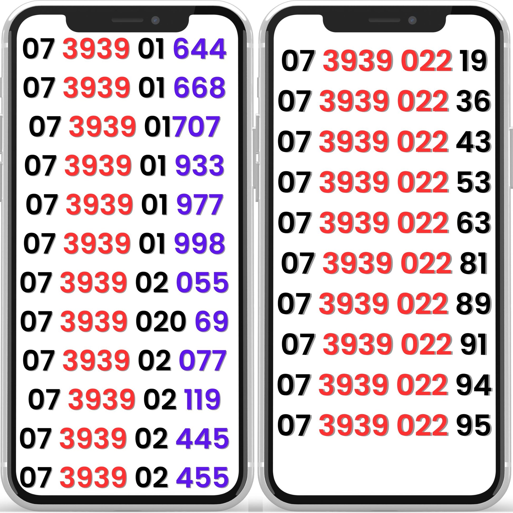 Two smartphones displaying sequences of numbers on their screens.